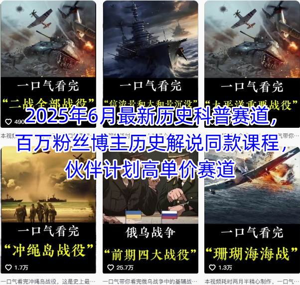 2025年6月最新历史科普赛道，百万粉丝博主历史解说同款课程，伙伴计划高单价赛道-启学项目网