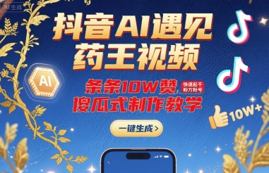 抖音AI遇见药王视频，条条10W赞，快速起千粉万粉号，傻瓜式制作教学-启学项目网