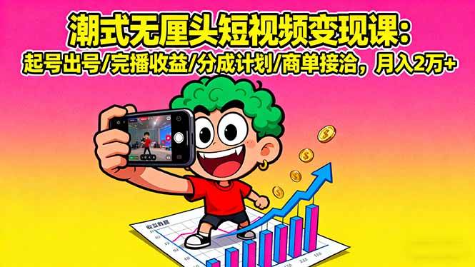 潮式无厘头短视频变现课：起号出号/完播收益/分成计划/商单接洽，月入2万+-启学项目网