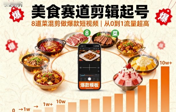 美食赛道剪辑起号，8道菜混剪做爆款短视频，从0到1，流量超高-启学项目网