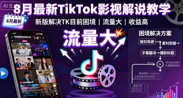 8月最新TikTok影视解说教学，新版解决TK目前困境，流量大，收益高-启学项目网