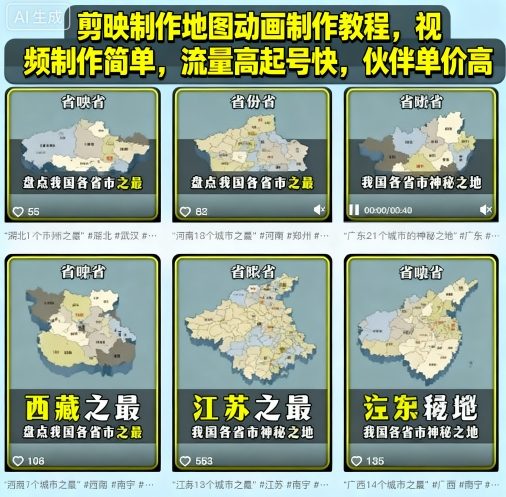 剪映制作地图动画制作教程，视频制作简单，流量高起号快，伙伴单价高-启学项目网