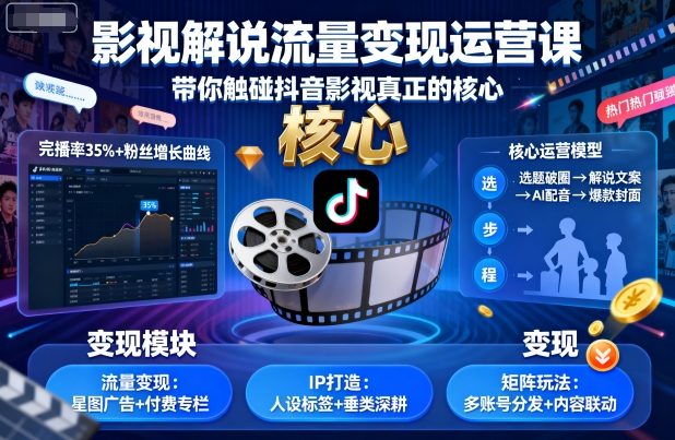 影视解说流量变现运营课，带你触碰抖音影视真正的核心-启学项目网